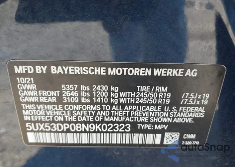 2022 BMW X3 xDrive30I from USA, damaged, VIN 5UX53DP08N9K02323